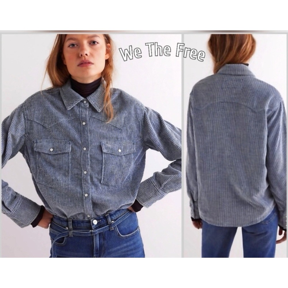 We The Free Hideaway Cord Shirt Sz M Blue Western Pearl Snap Cowgirl